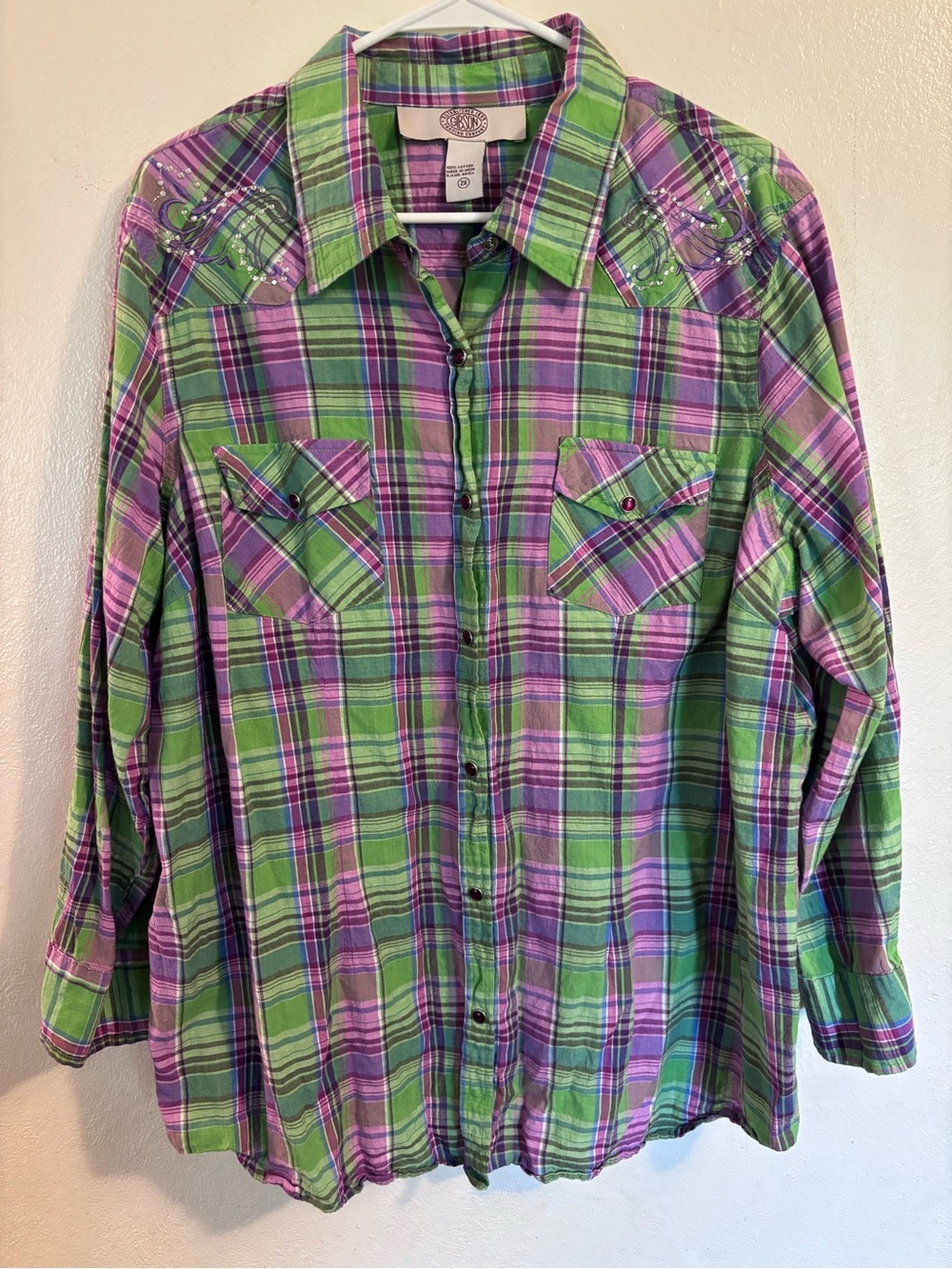 Gibson Green & Purple Plaid Jewel-Snap Western Shirt